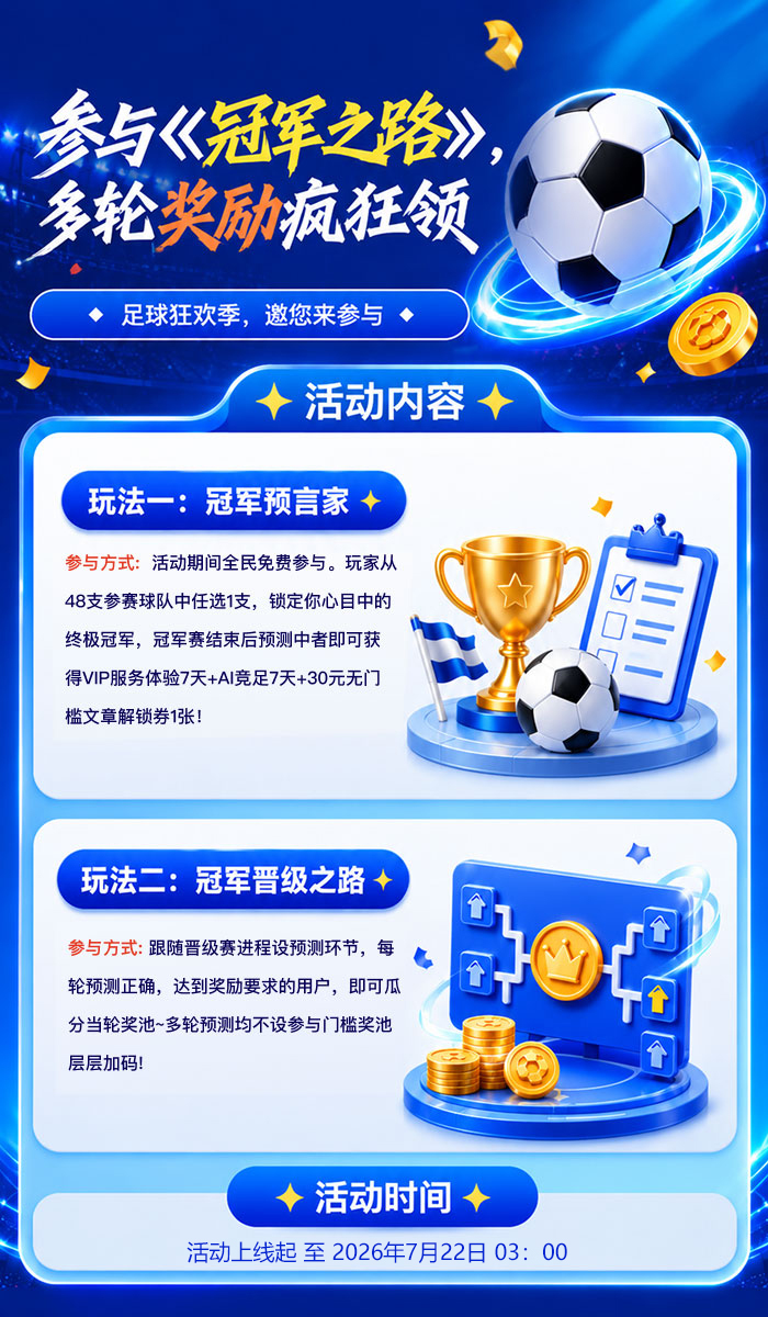 《冠军之路》活动开启！谁是你心中的最强黑马？四年一度足球盛宴来袭，你会是下一个预言帝吗